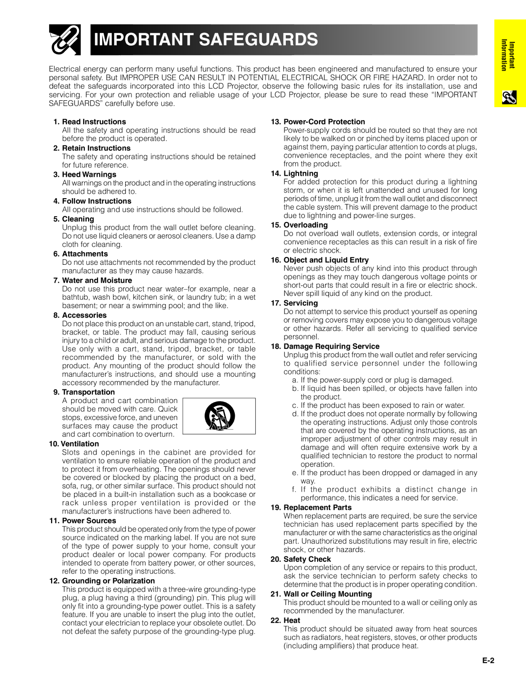 Sharp XG-P20XU operation manual Important Safeguards 