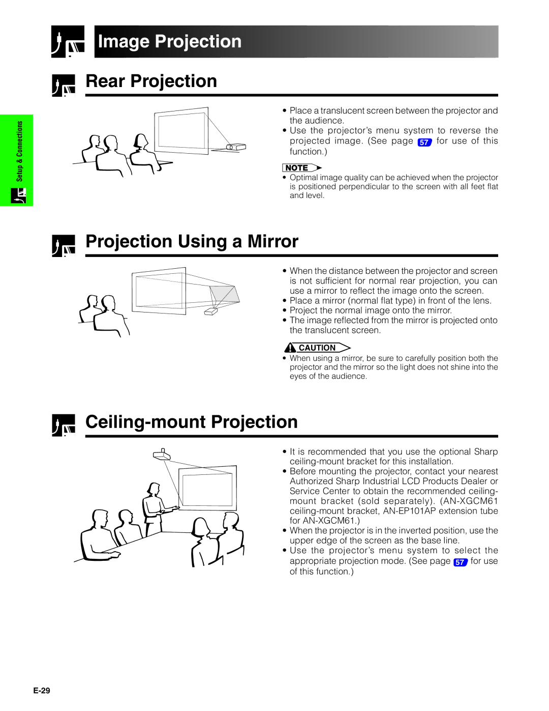 Sharp XG-P20XU operation manual Image Projection, Rear Projection, Projection Using a Mirror, Ceiling-mount Projection 