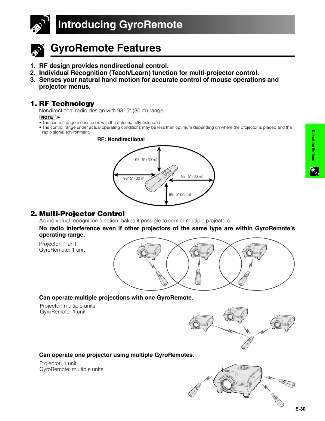 Sharp XG-P20XU operation manual Introducing GyroRemote, GyroRemote Features, RF Technology, Multi-Projector Control 