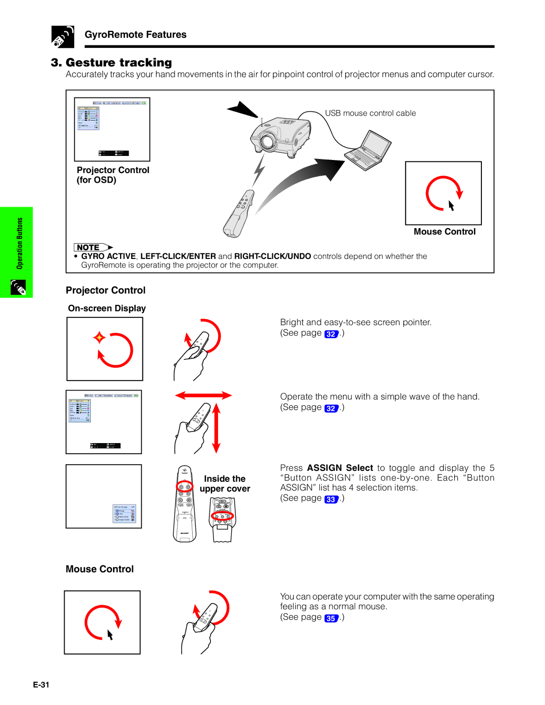 Sharp XG-P20XU operation manual Gesture tracking, GyroRemote Features, Projector Control, Mouse Control 