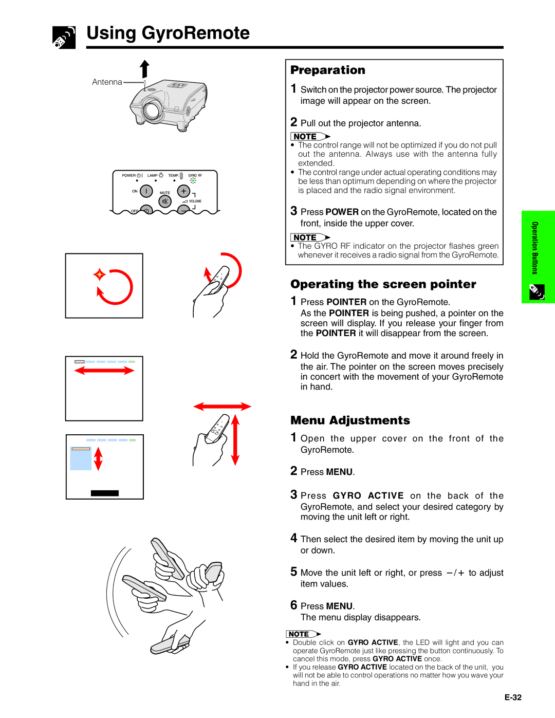 Sharp XG-P20XU operation manual Using GyroRemote, Preparation, Operating the screen pointer, Menu Adjustments 