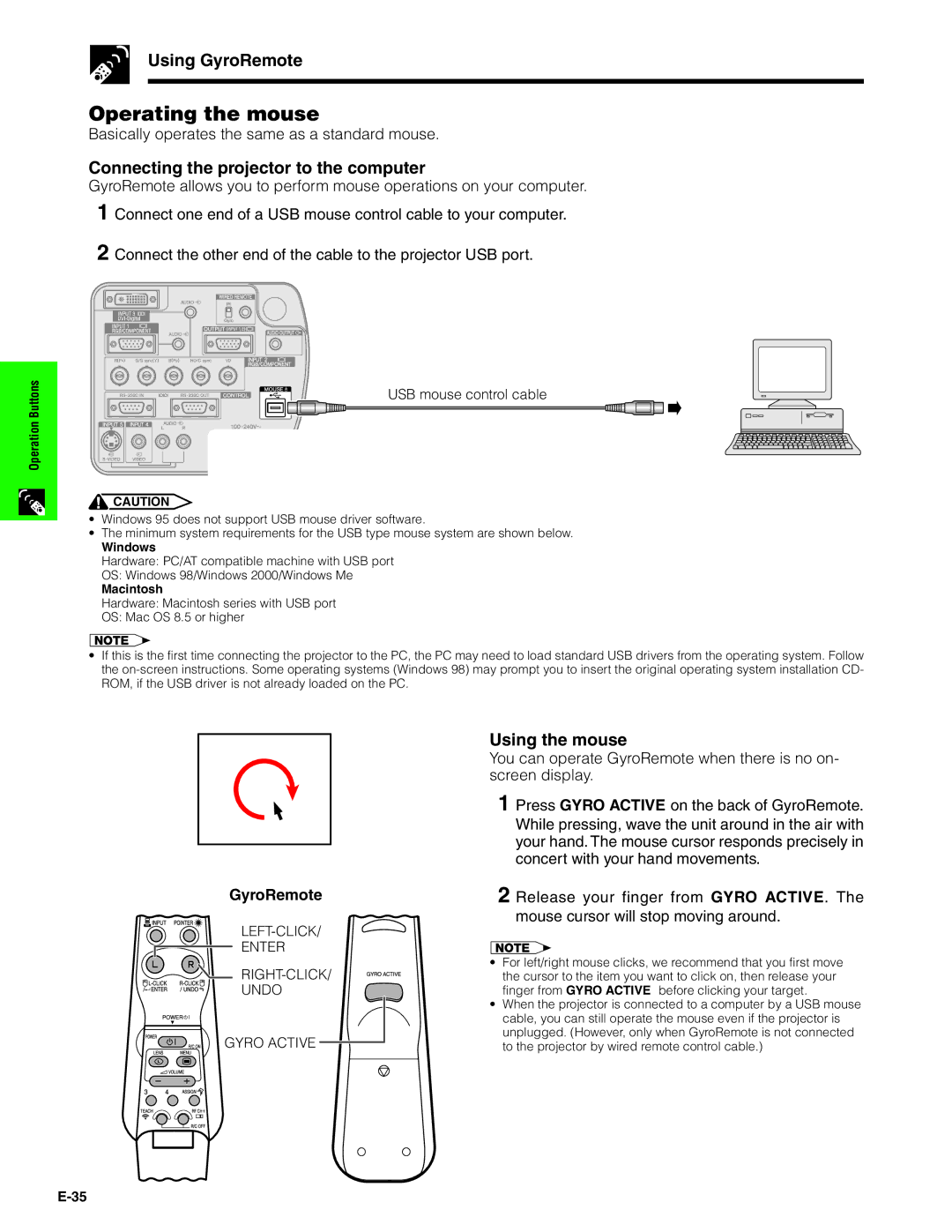 Sharp XG-P20XU operation manual Operating the mouse, Connecting the projector to the computer, Using the mouse 