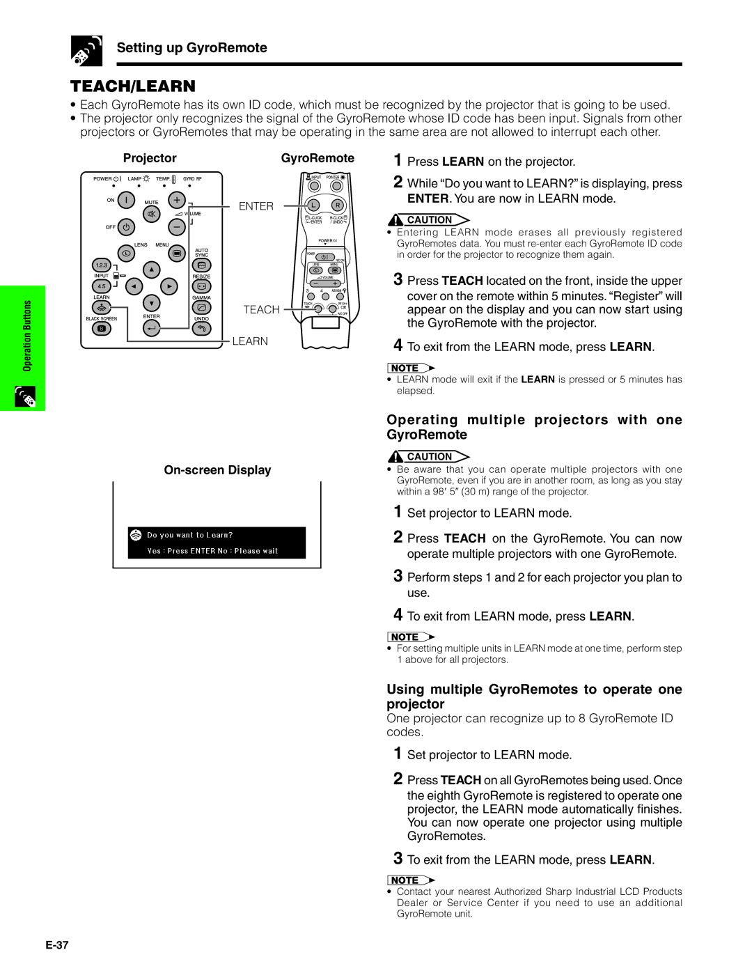 Sharp XG-P20XU operation manual Setting up GyroRemote, Operating multiple projectors with one GyroRemote 