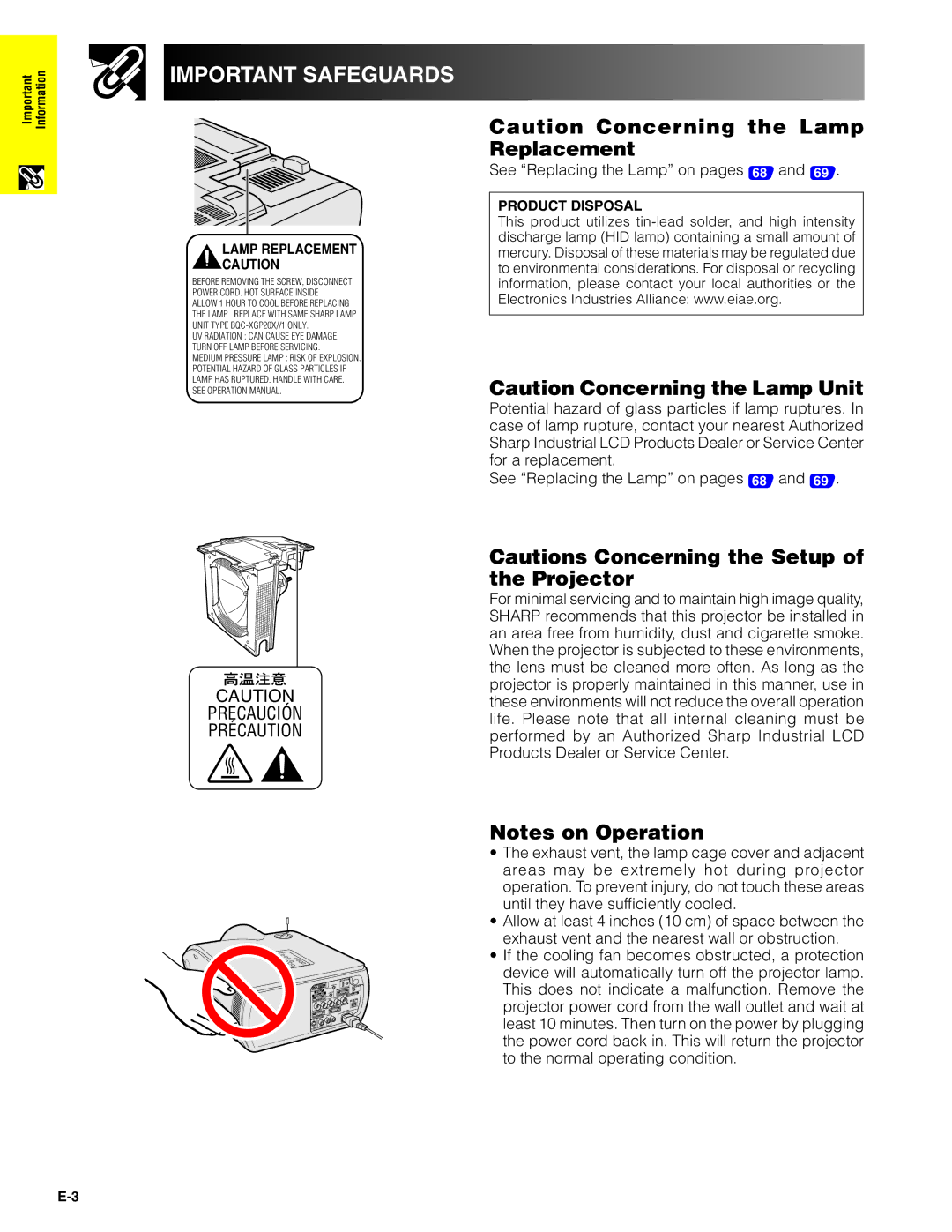 Sharp XG-P20XU operation manual Important Safeguards, Projector 