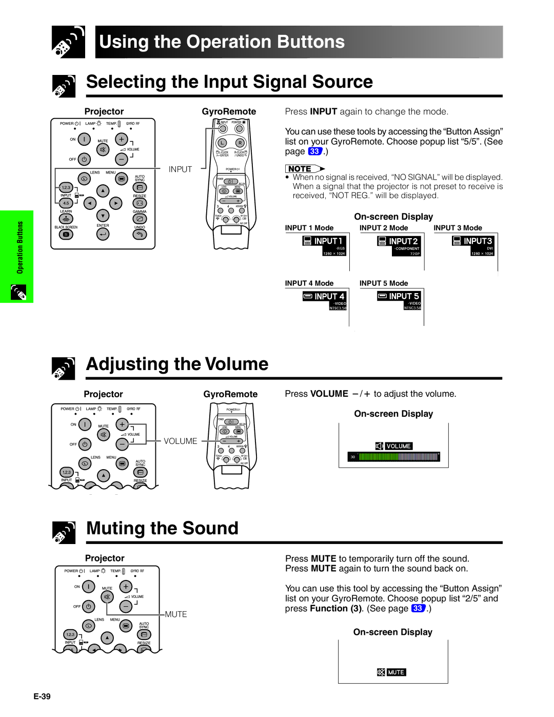 Sharp XG-P20XU Using the Operation Buttons, Selecting the Input Signal Source, Adjusting the Volume, Muting the Sound 