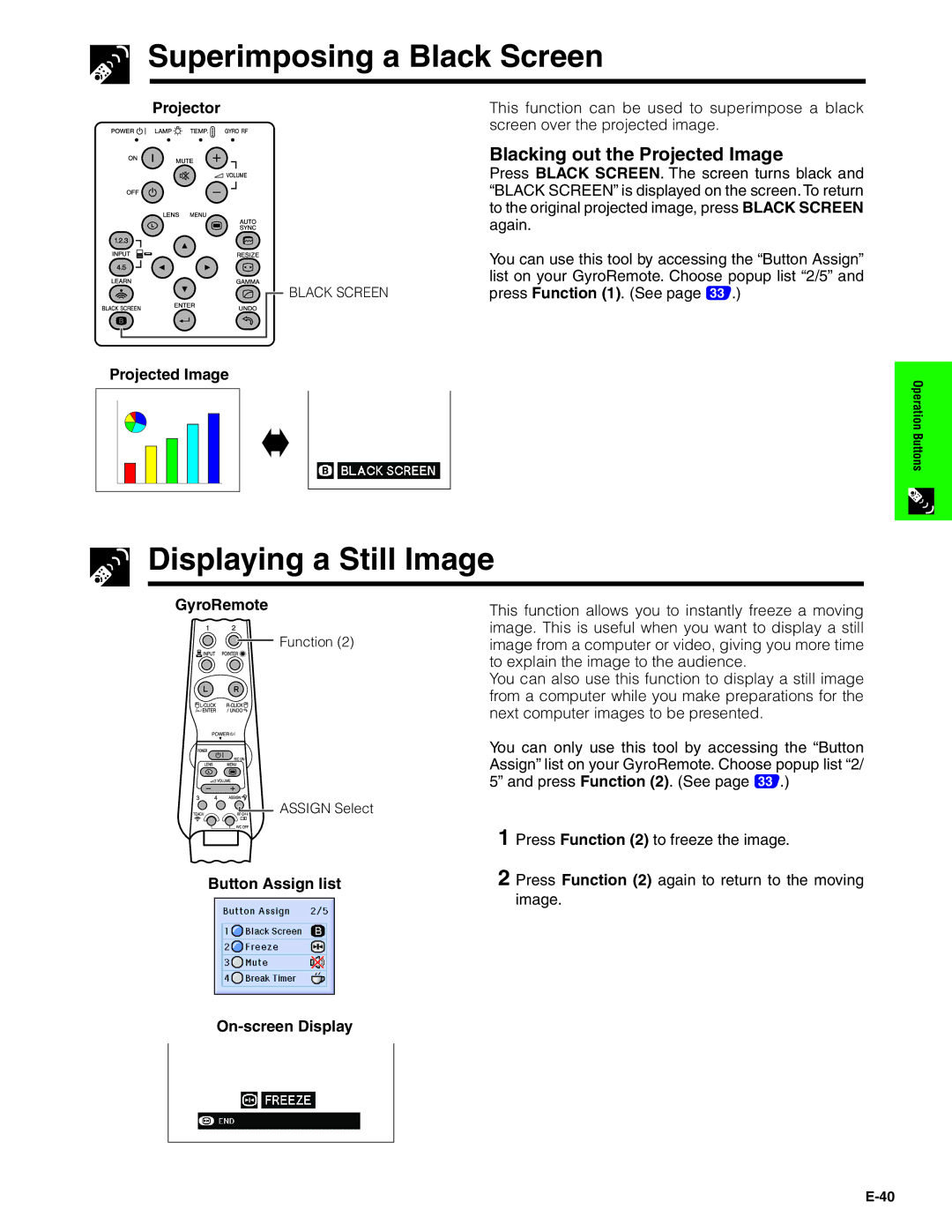 Sharp XG-P20XU operation manual Superimposing a Black Screen, Displaying a Still Image 