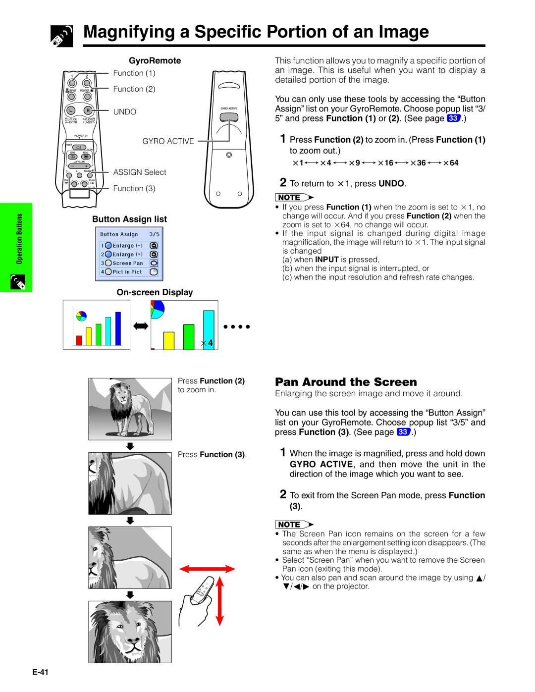 Sharp XG-P20XU operation manual Magnifying a Specific Portion of an Image, Pan Around the Screen 