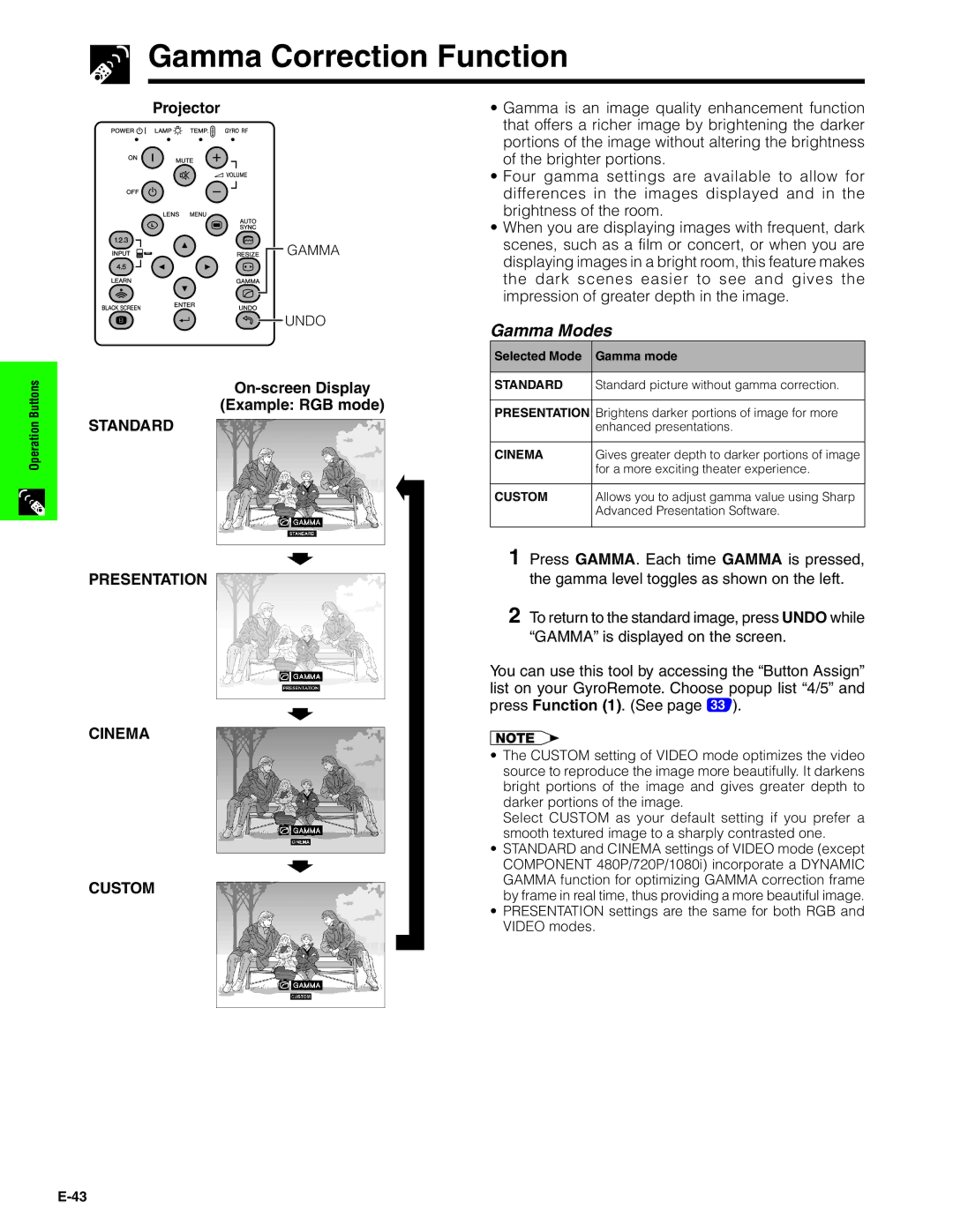 Sharp XG-P20XU operation manual Gamma Correction Function, On-screen Display Example RGB mode 