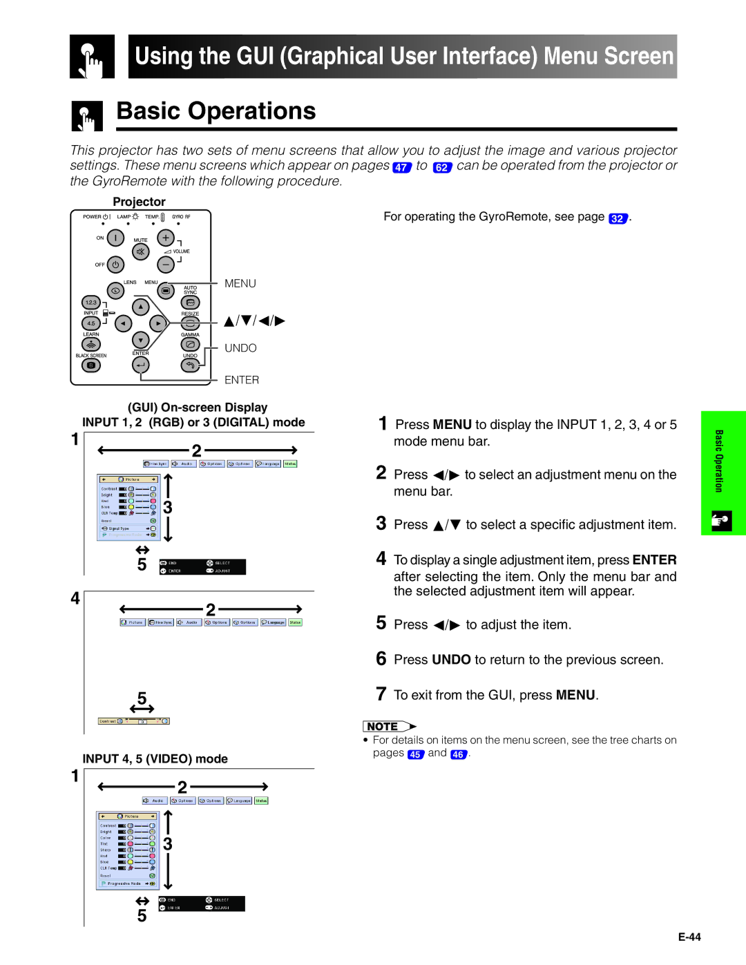 Sharp XG-P20XU operation manual Using the GUI Graphical User Interface Menu Screen, Basic Operations 