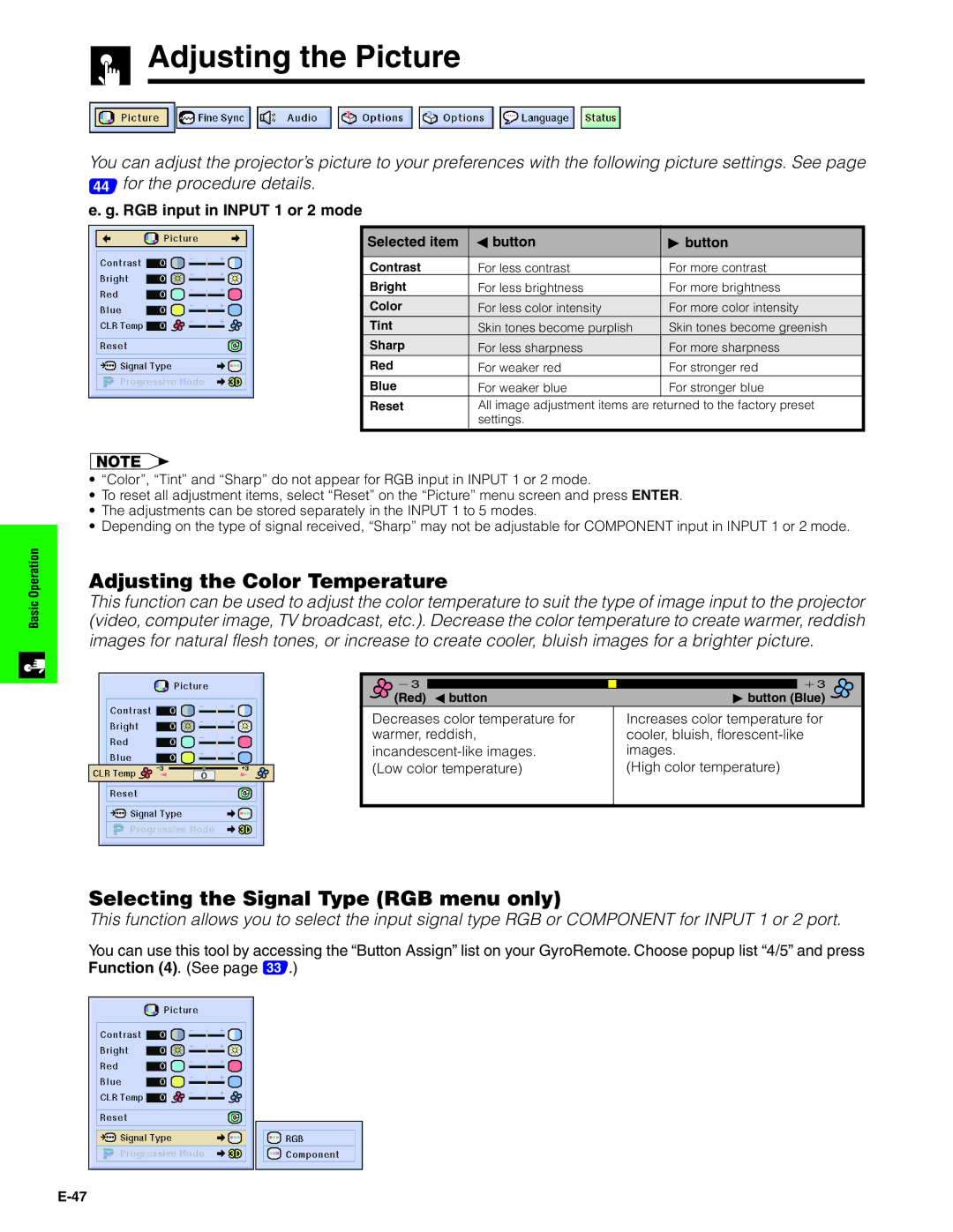 Sharp XG-P20XU Adjusting the Picture, Adjusting the Color Temperature, Selecting the Signal Type RGB menu only 