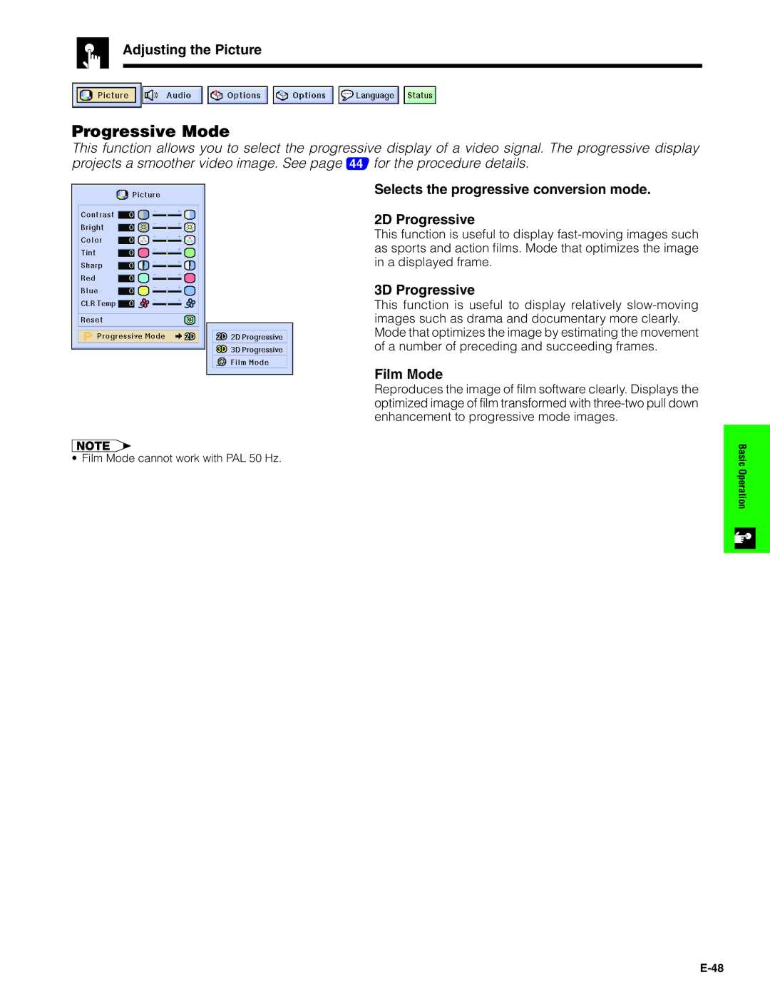 Sharp XG-P20XU Progressive Mode, Adjusting the Picture, Selects the progressive conversion mode 2D Progressive, Film Mode 