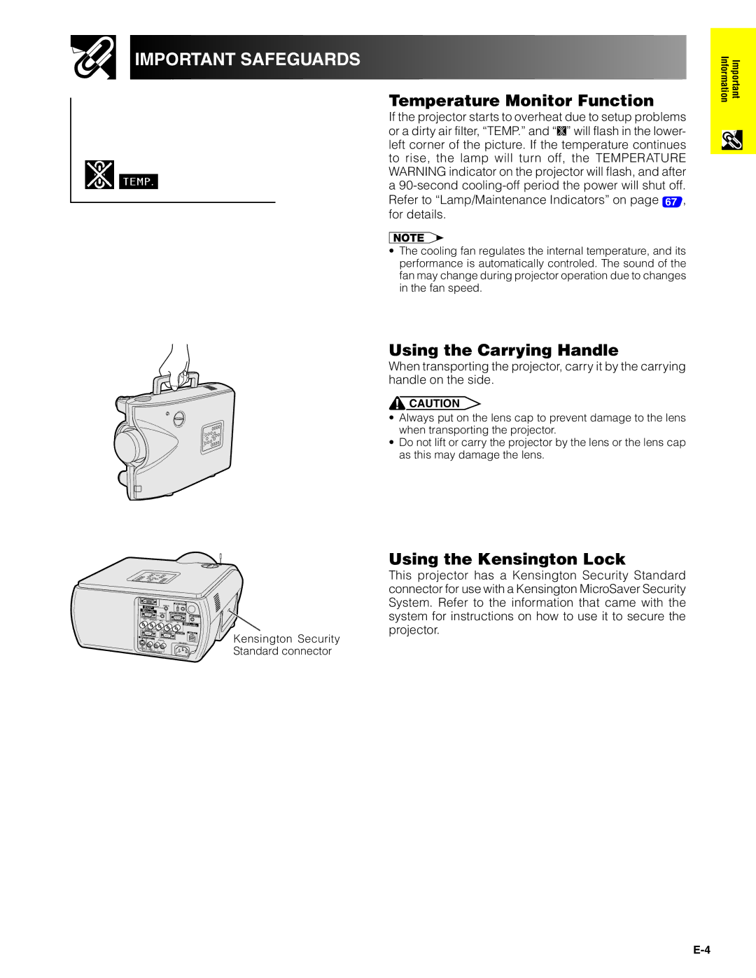 Sharp XG-P20XU operation manual Temperature Monitor Function, Using the Carrying Handle, Using the Kensington Lock 