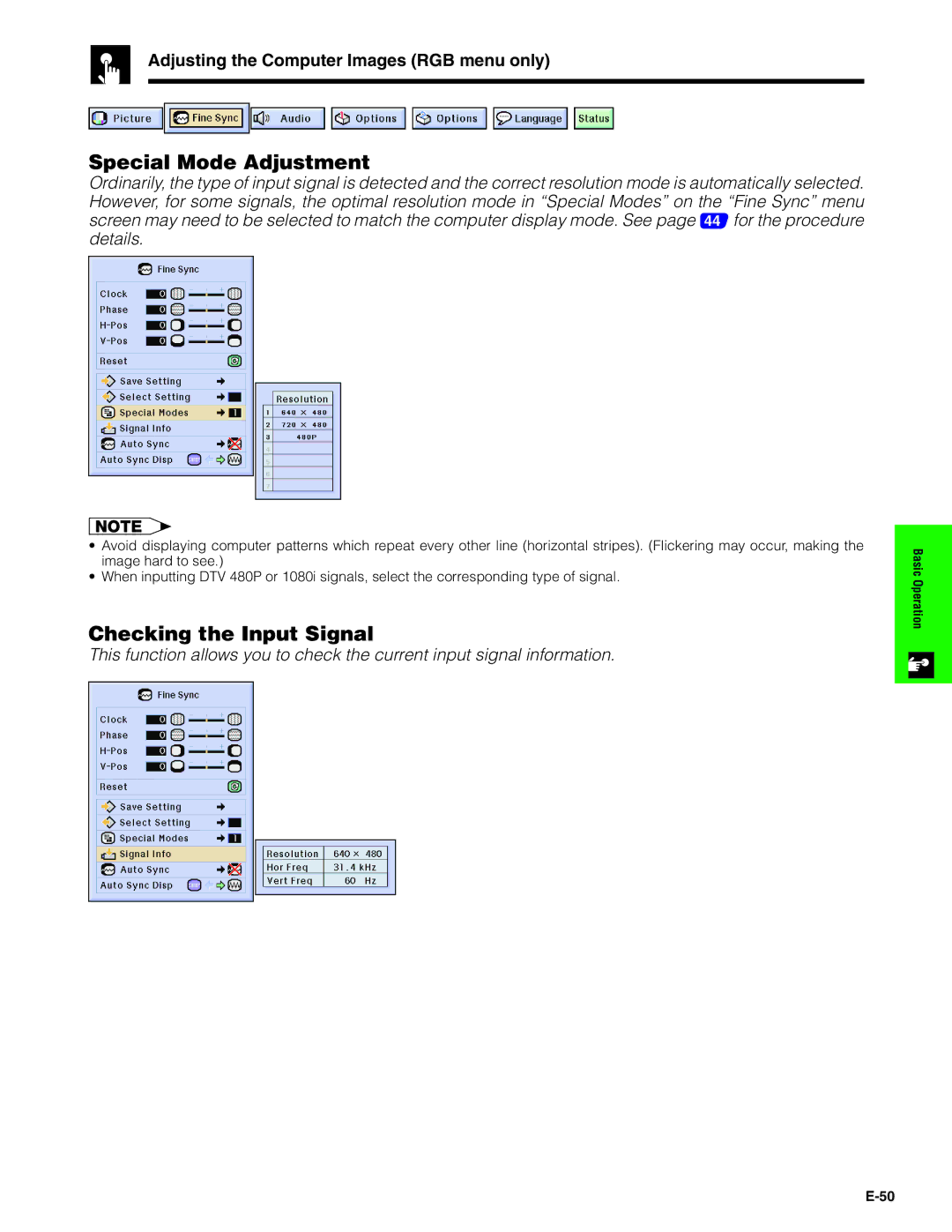 Sharp XG-P20XU Special Mode Adjustment, Checking the Input Signal, Adjusting the Computer Images RGB menu only 