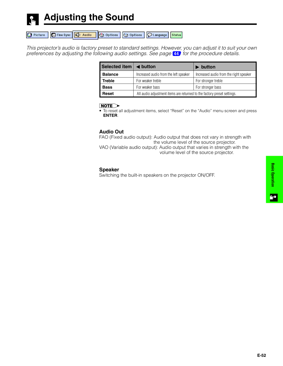 Sharp XG-P20XU operation manual Adjusting the Sound, Audio Out, Speaker, Selected item Button 