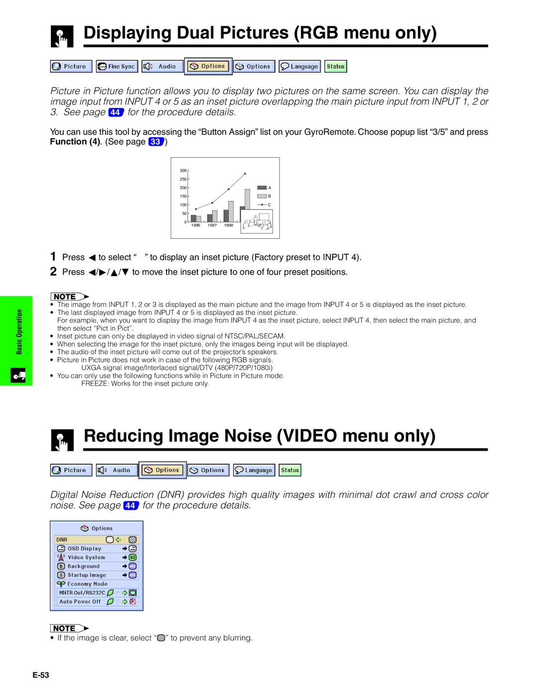 Sharp XG-P20XU operation manual Displaying Dual Pictures RGB menu only, Reducing Image Noise Video menu only 