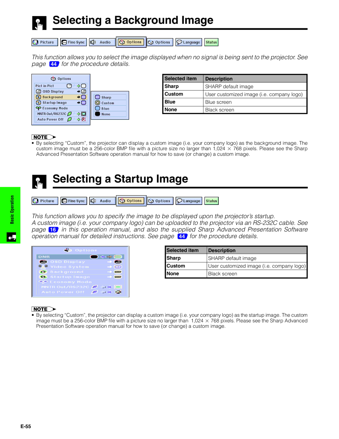 Sharp XG-P20XU operation manual Selecting a Background Image, Selecting a Startup Image 