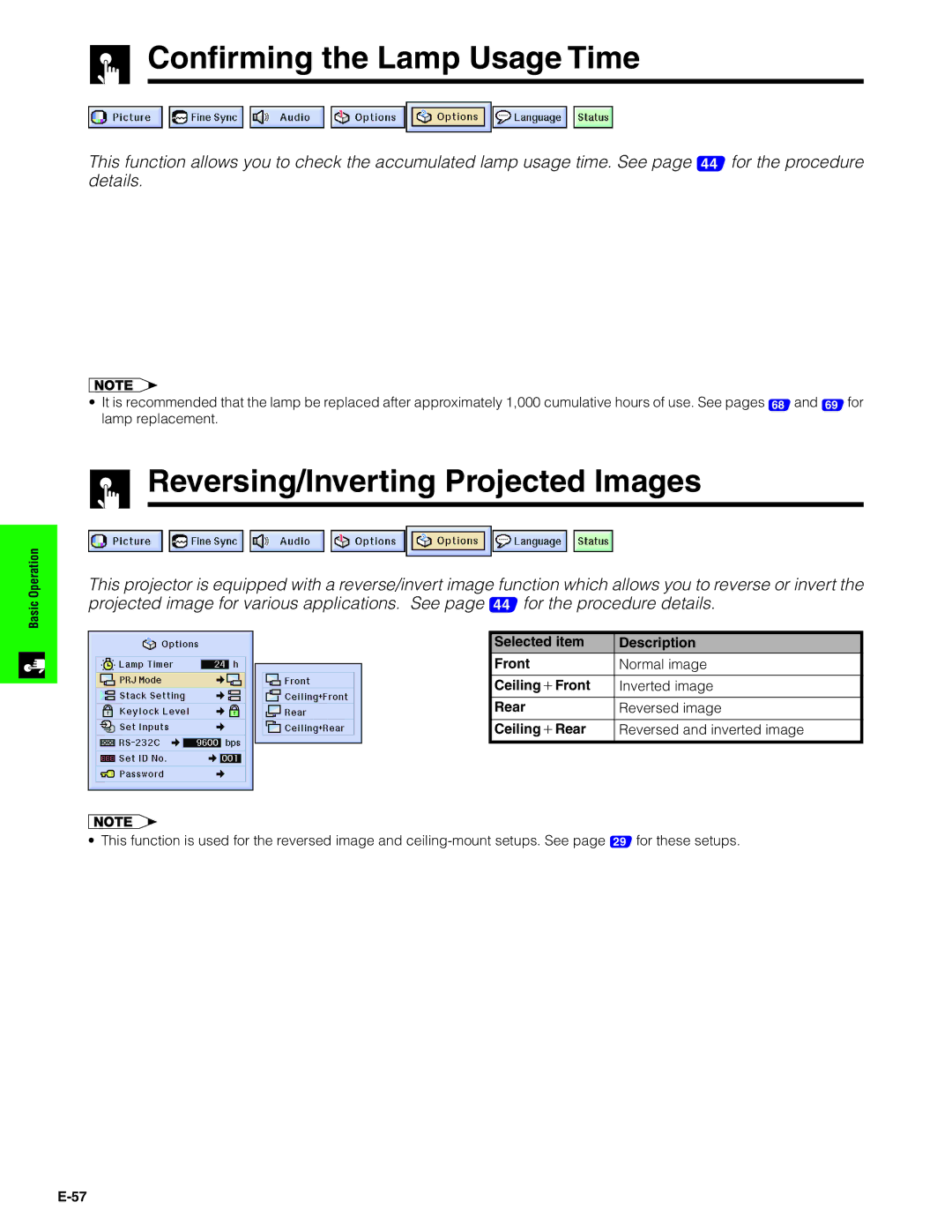 Sharp XG-P20XU operation manual Confirming the Lamp Usage Time, Reversing/Inverting Projected Images 