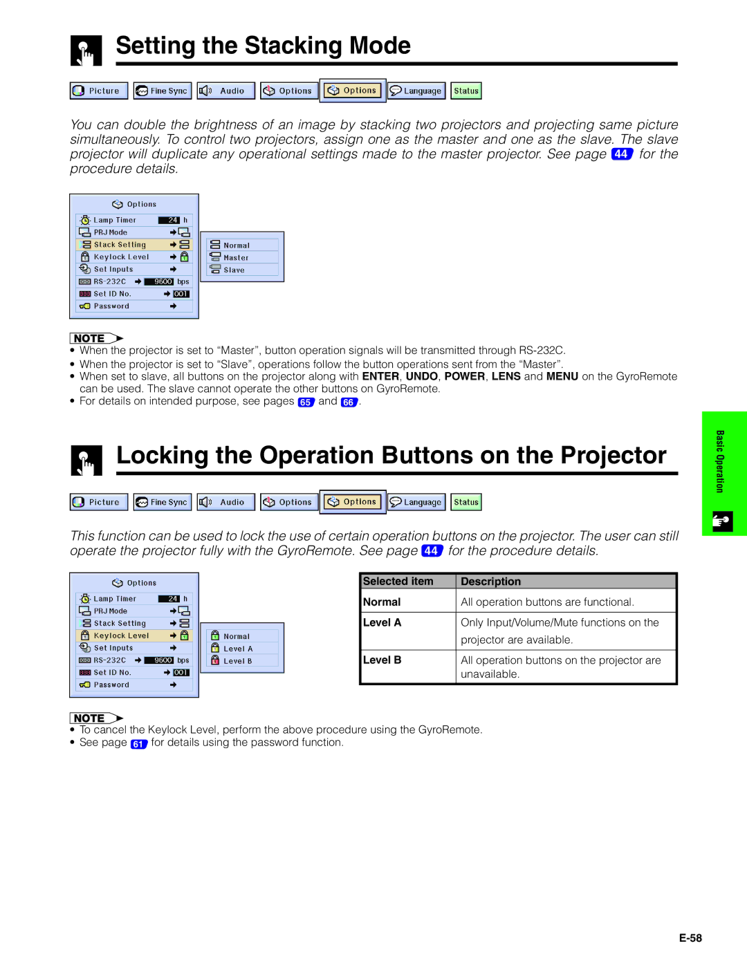 Sharp XG-P20XU operation manual Setting the Stacking Mode, Locking the Operation Buttons on the Projector 