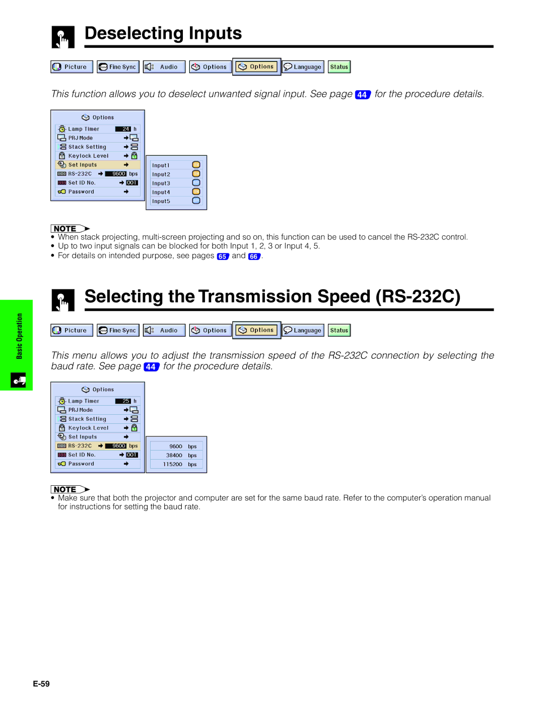 Sharp XG-P20XU operation manual Deselecting Inputs, Selecting the Transmission Speed RS-232C 