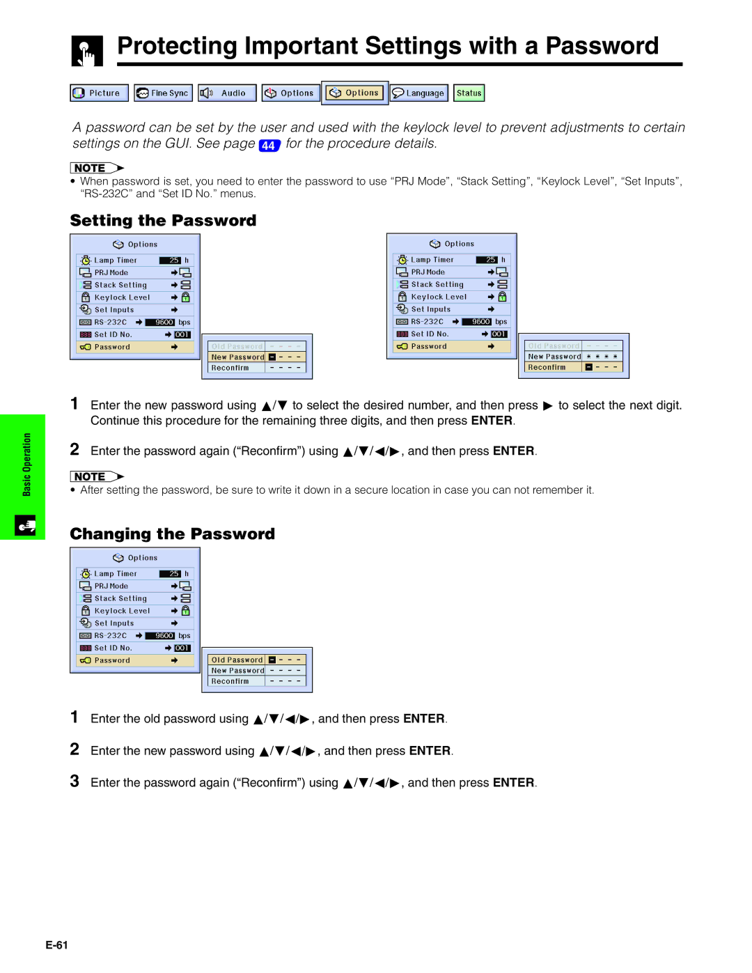 Sharp XG-P20XU operation manual Protecting Important Settings with a Password, Setting the Password, Changing the Password 