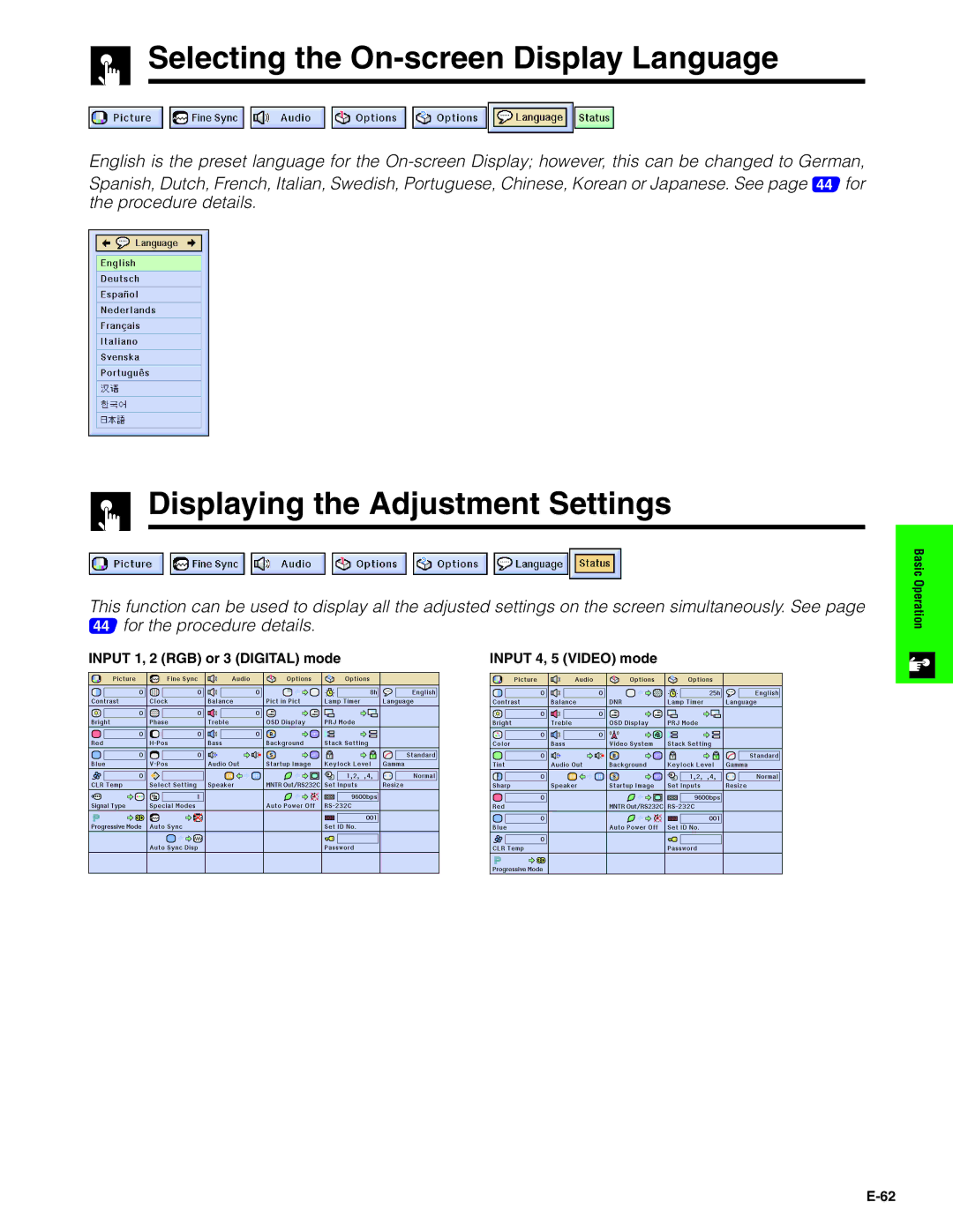 Sharp XG-P20XU operation manual Selecting the On-screen Display Language, Displaying the Adjustment Settings 