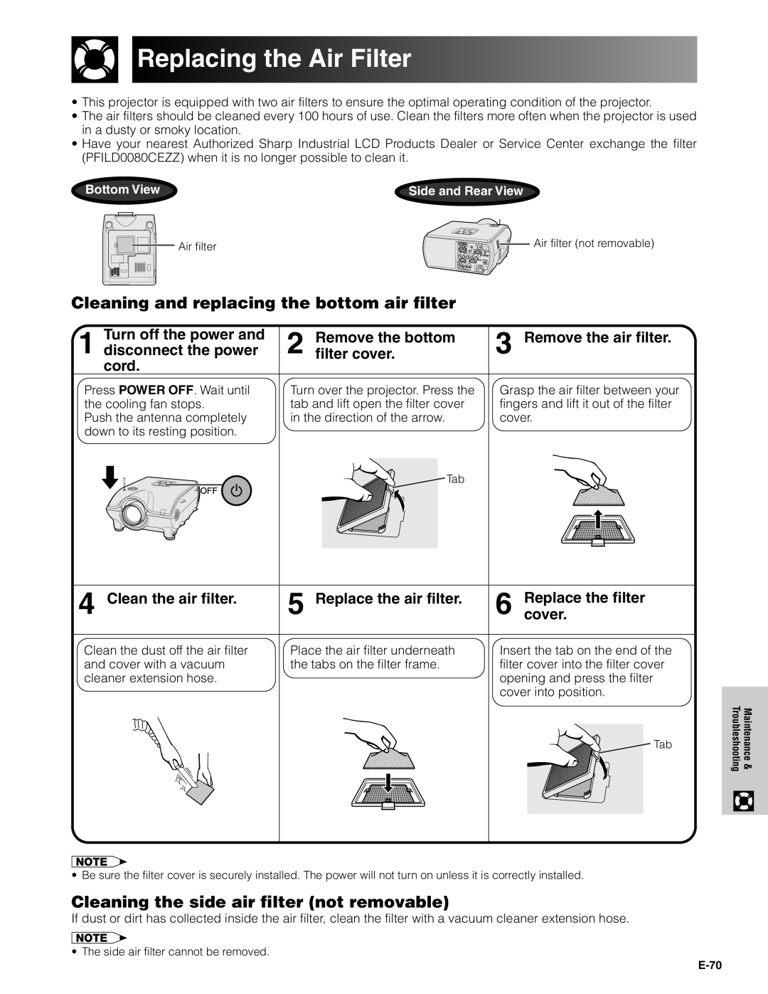 Sharp XG-P20XU operation manual Replacing the Air Filter, Cleaning and replacing the bottom air filter 