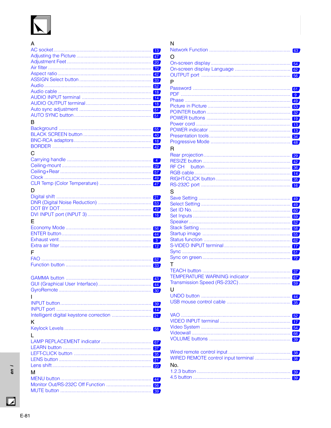 Sharp XG-P20XU operation manual Index 