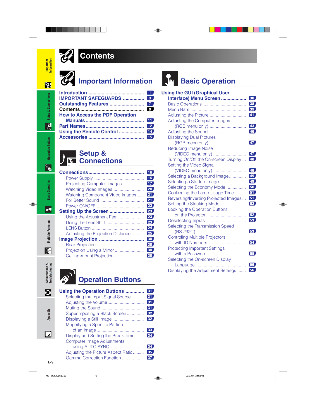 Sharp XG-P25X operation manual Contents 