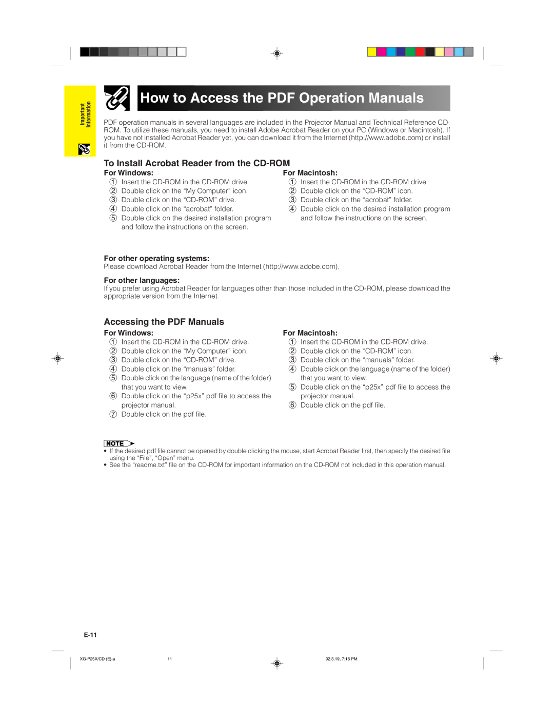 Sharp XG-P25X operation manual To Install Acrobat Reader from the CD-ROM, For Windows For Macintosh 