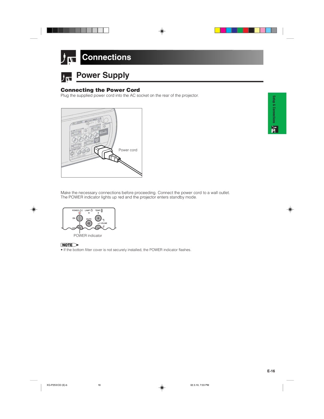 Sharp XG-P25X operation manual Connections, Power Supply, Connecting the Power Cord 