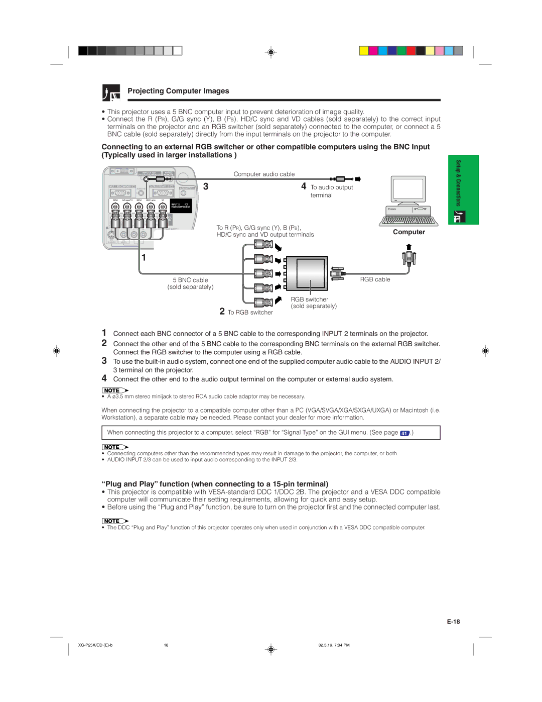 Sharp XG-P25X operation manual Projecting Computer Images, Plug and Play function when connecting to a 15-pin terminal 