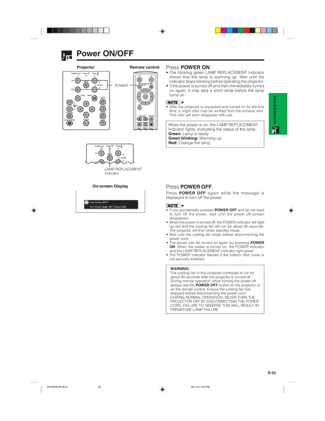 Sharp XG-P25X operation manual Power ON/OFF, Press Power on, Press Power OFF 