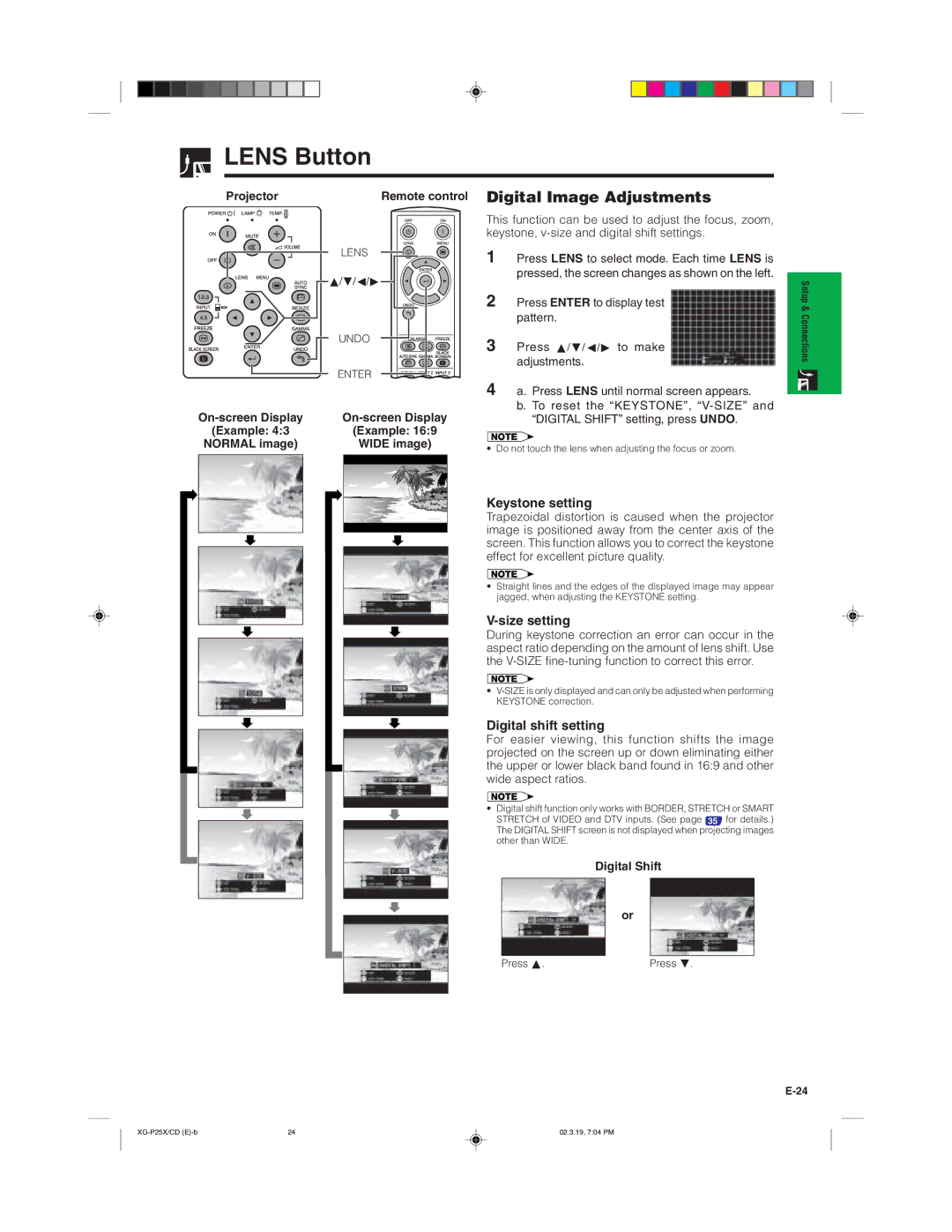 Sharp XG-P25X Lens Button, Remote control Digital Image Adjustments, Keystone setting, Size setting, Digital shift setting 