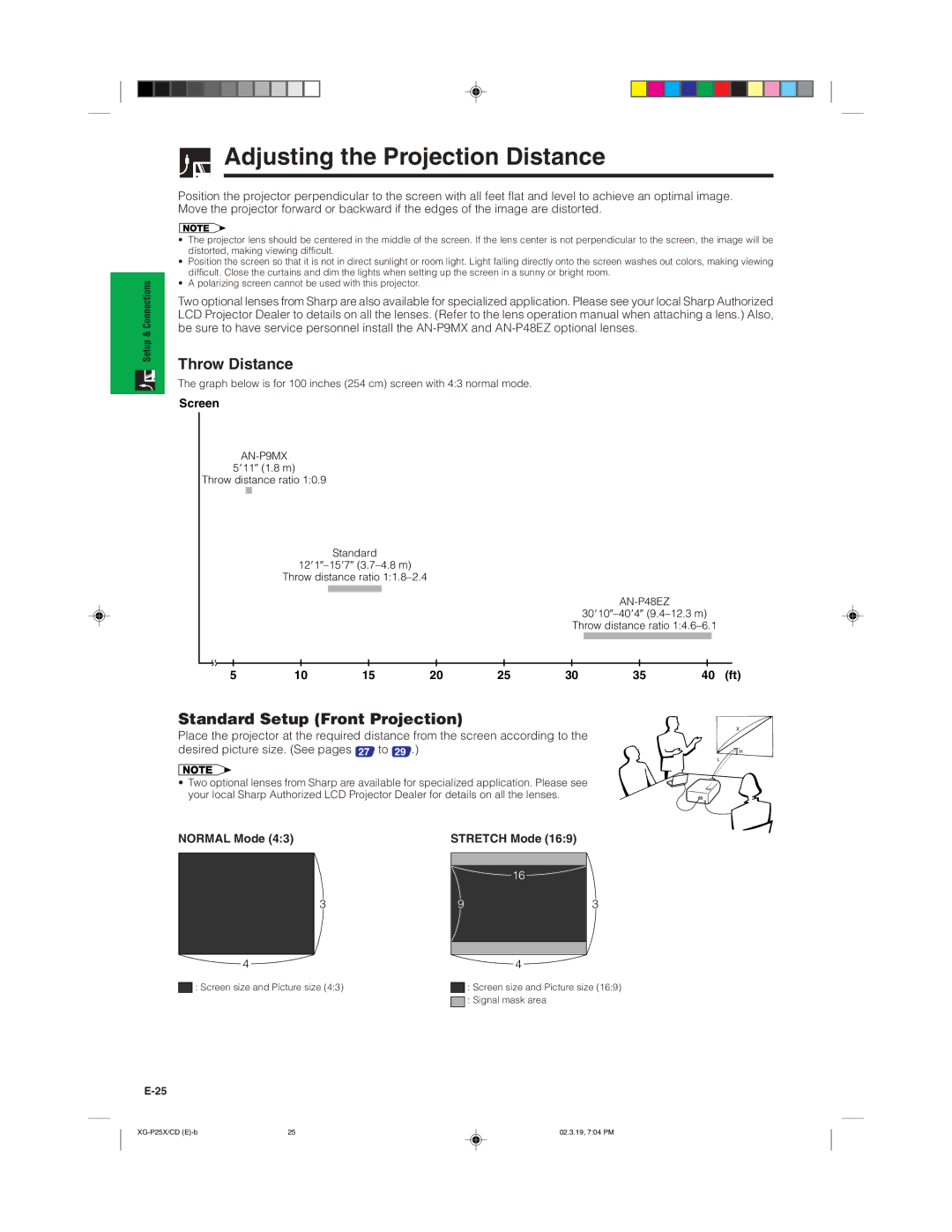 Sharp XG-P25X Adjusting the Projection Distance, Throw Distance, Standard Setup Front Projection, Normal Mode 