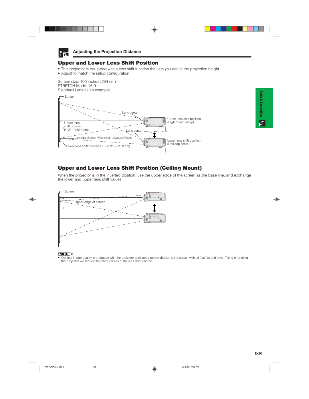 Sharp XG-P25X operation manual Upper and Lower Lens Shift Position Ceiling Mount, Adjusting the Projection Distance 