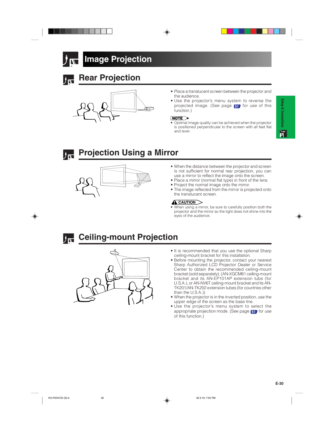 Sharp XG-P25X operation manual Image Projection, Rear Projection, Projection Using a Mirror, Ceiling-mount Projection 