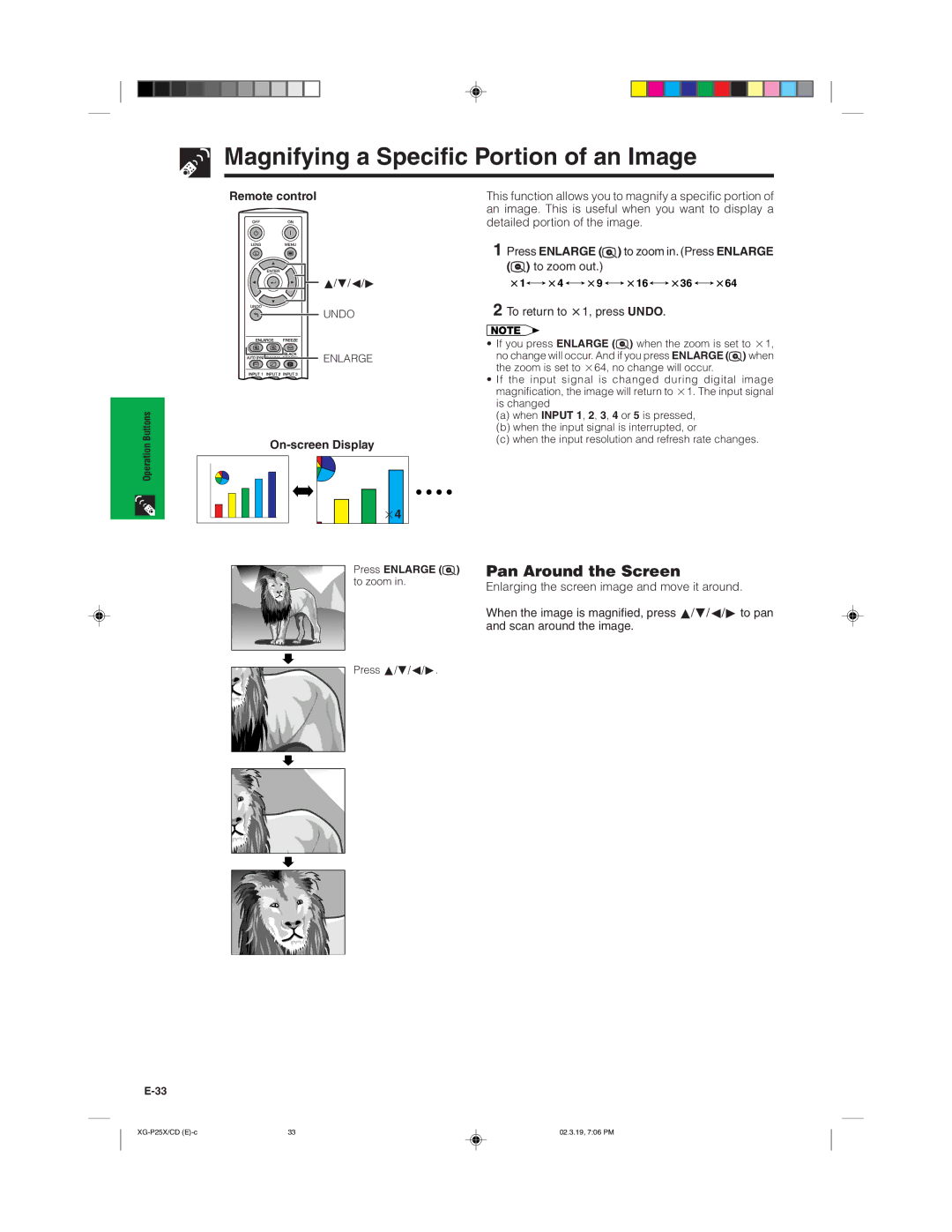 Sharp XG-P25X operation manual Magnifying a Specific Portion of an Image, Press Enlarge Pan Around the Screen 