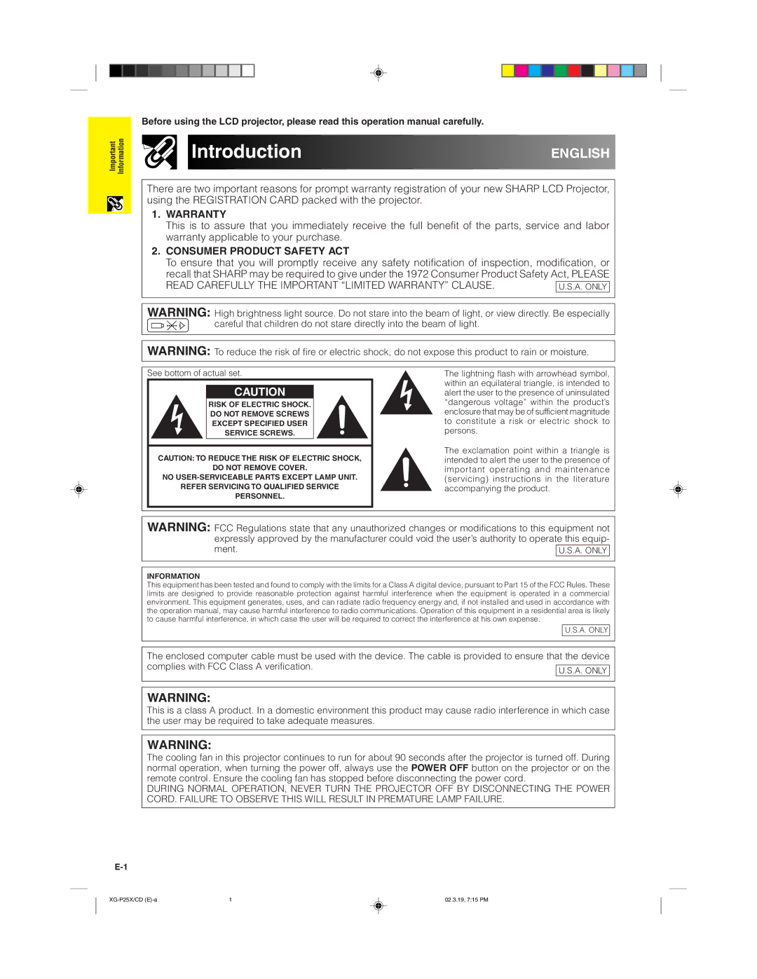 Sharp XG-P25X operation manual Introduction, English 