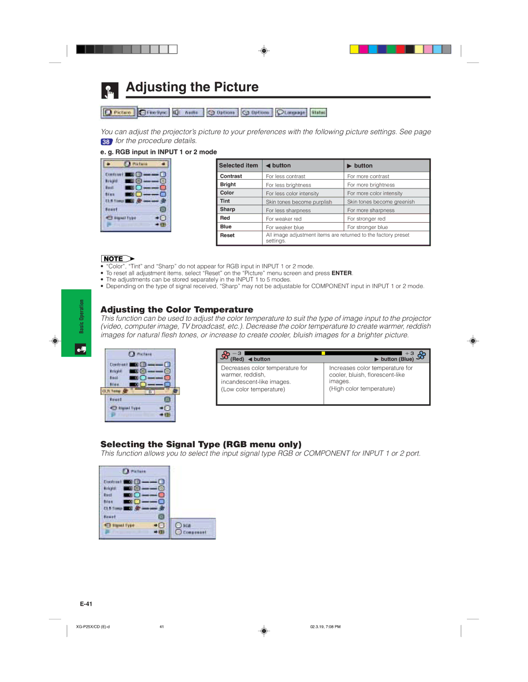 Sharp XG-P25X Adjusting the Picture, Adjusting the Color Temperature, Selecting the Signal Type RGB menu only 