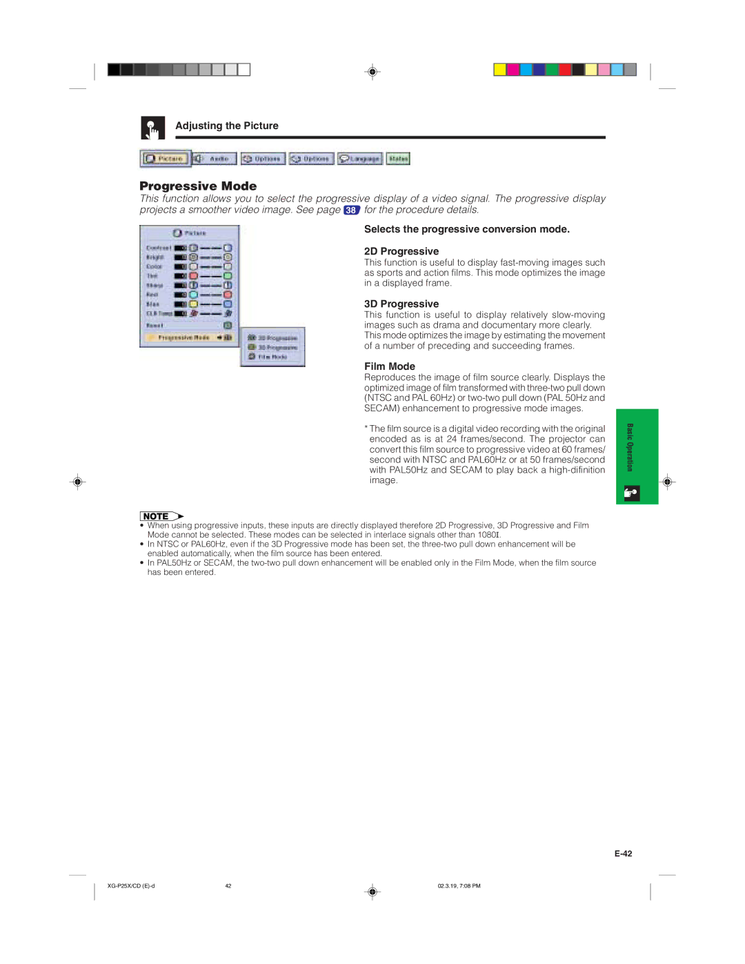 Sharp XG-P25X Progressive Mode, Adjusting the Picture, Selects the progressive conversion mode 2D Progressive, Film Mode 