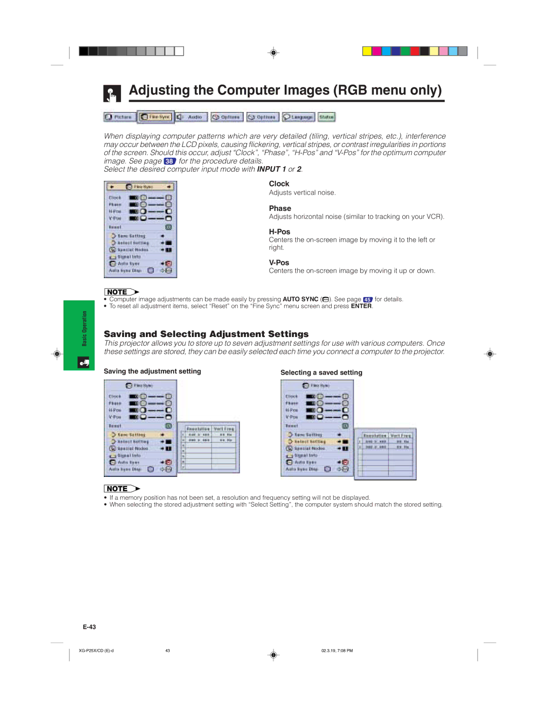 Sharp XG-P25X Adjusting the Computer Images RGB menu only, Saving and Selecting Adjustment Settings, Clock, Phase, Pos 