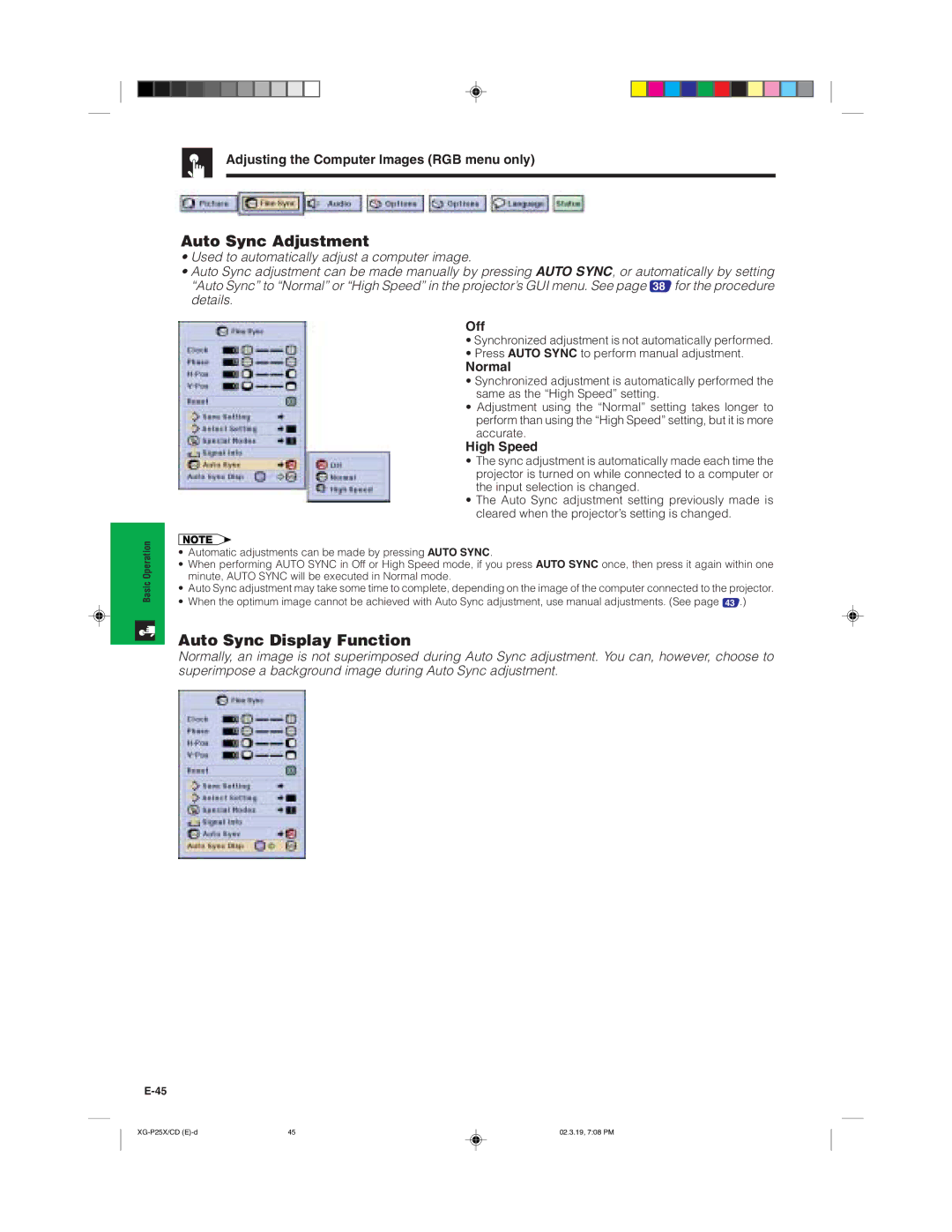 Sharp XG-P25X operation manual Auto Sync Adjustment, Auto Sync Display Function, Off, Normal, High Speed 
