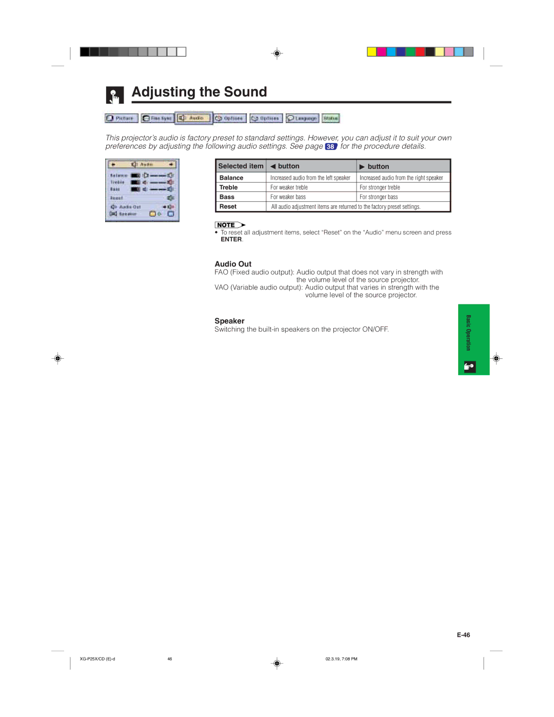 Sharp XG-P25X operation manual Adjusting the Sound, Audio Out, Speaker, Selected item Button, Balance 