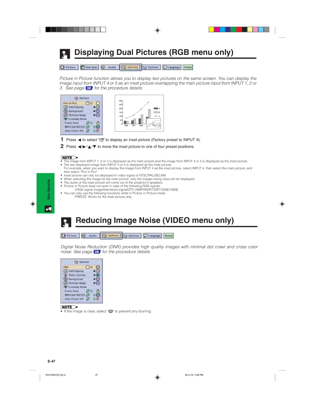 Sharp XG-P25X operation manual Displaying Dual Pictures RGB menu only, Reducing Image Noise Video menu only 