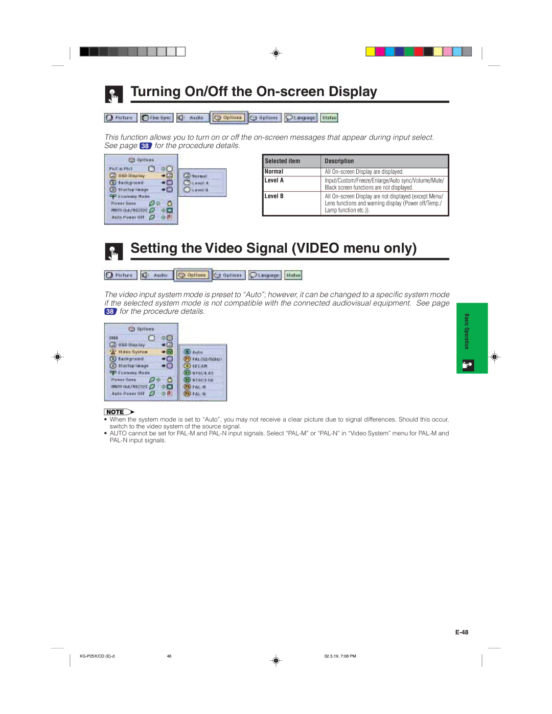 Sharp XG-P25X Turning On/Off the On-screen Display, Setting the Video Signal Video menu only, Level a, Level B 