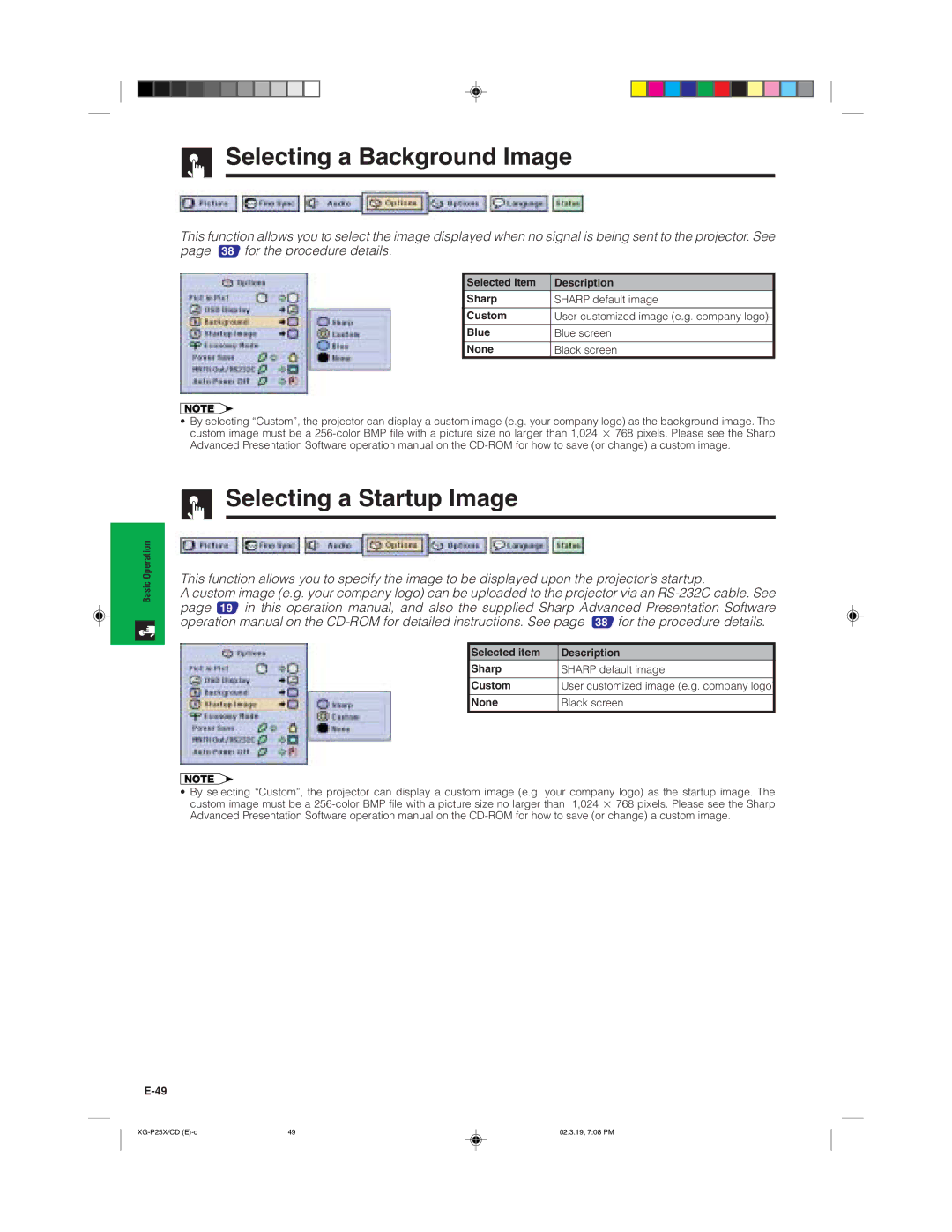 Sharp XG-P25X operation manual Selecting a Background Image, Selecting a Startup Image, None Black screen 