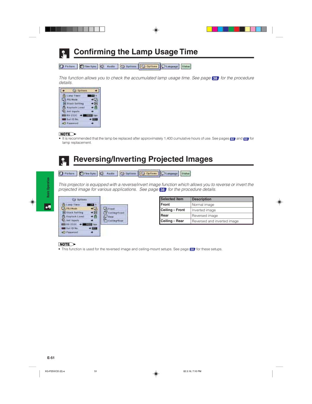 Sharp XG-P25X operation manual Confirming the Lamp Usage Time, Reversing/Inverting Projected Images 