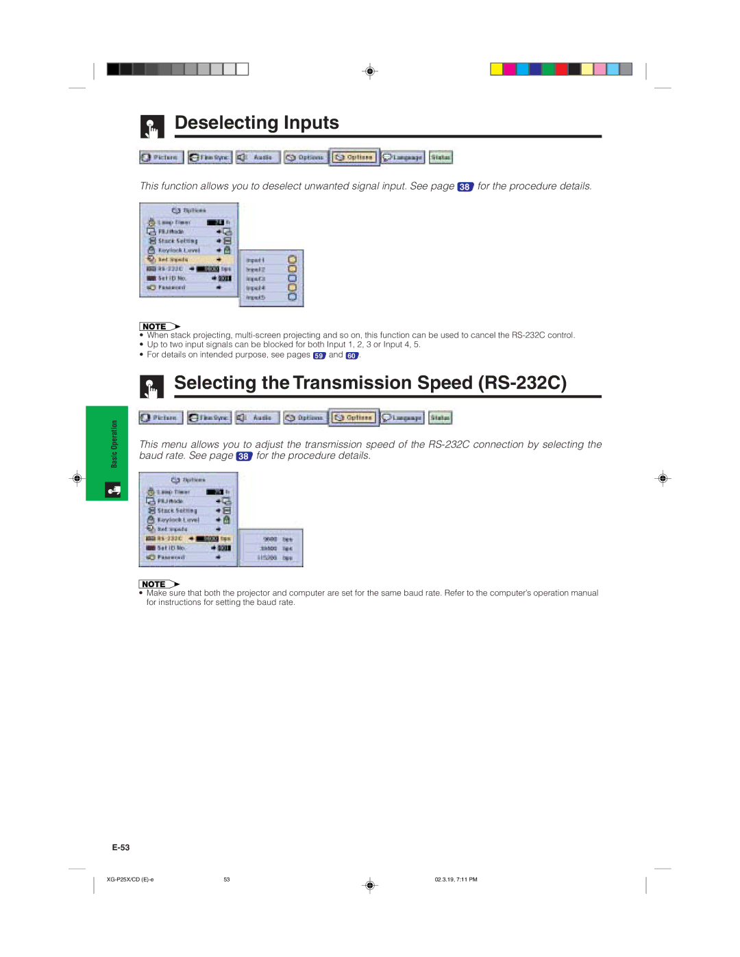 Sharp XG-P25X operation manual Deselecting Inputs, Selecting the Transmission Speed RS-232C 