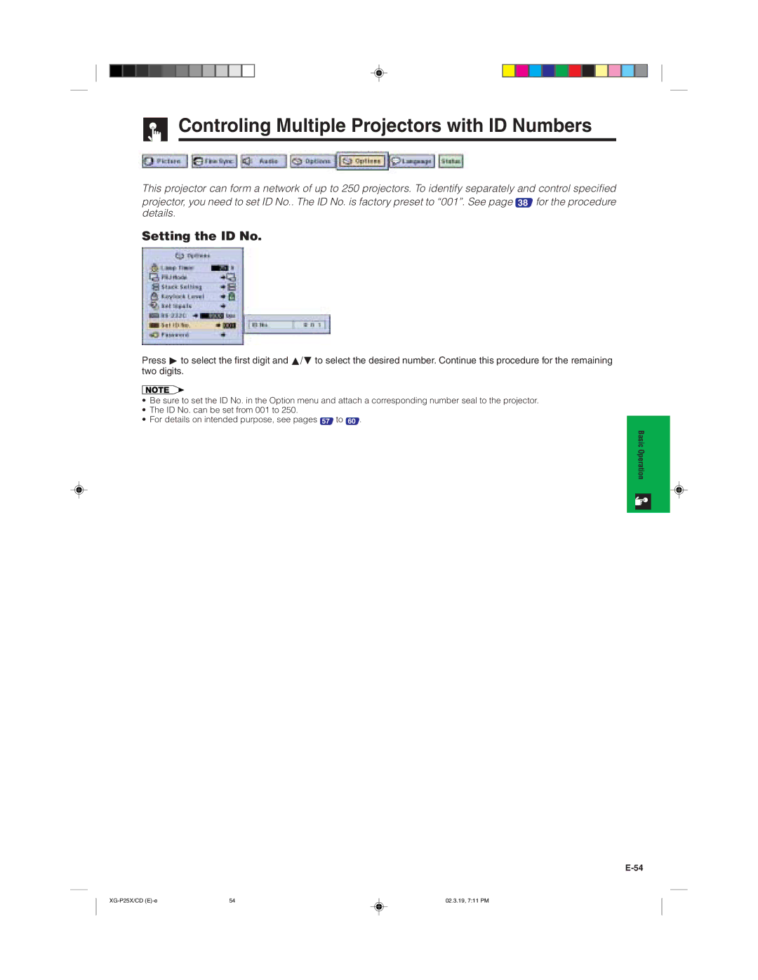 Sharp XG-P25X operation manual Controling Multiple Projectors with ID Numbers, Setting the ID No 