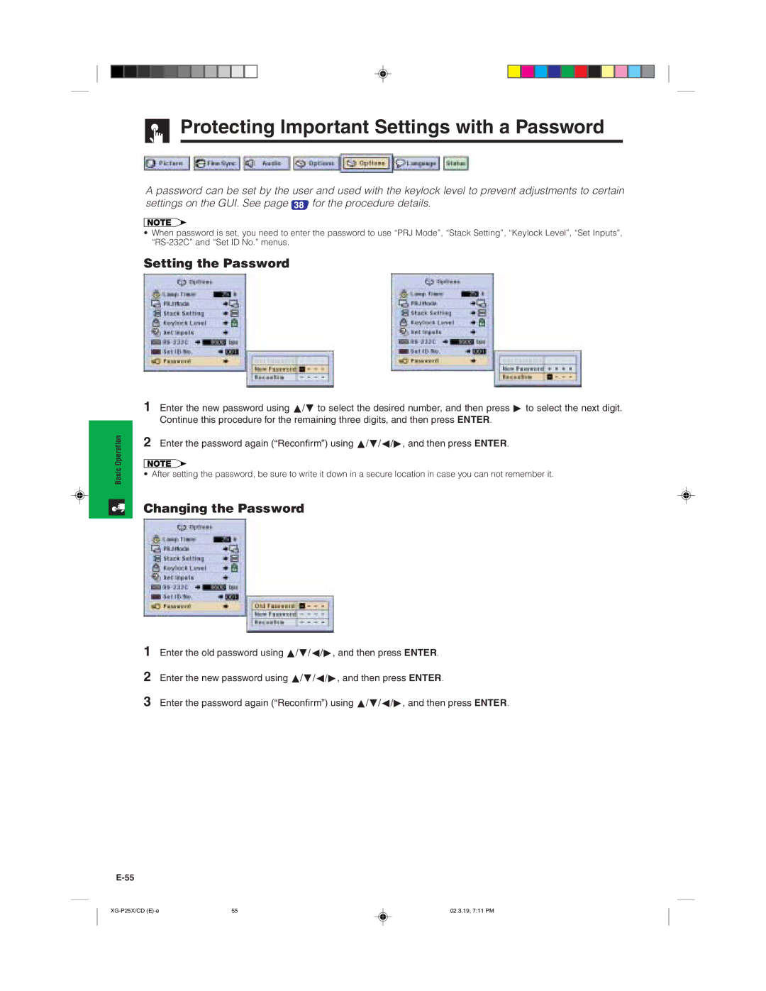 Sharp XG-P25X operation manual Protecting Important Settings with a Password, Setting the Password, Changing the Password 